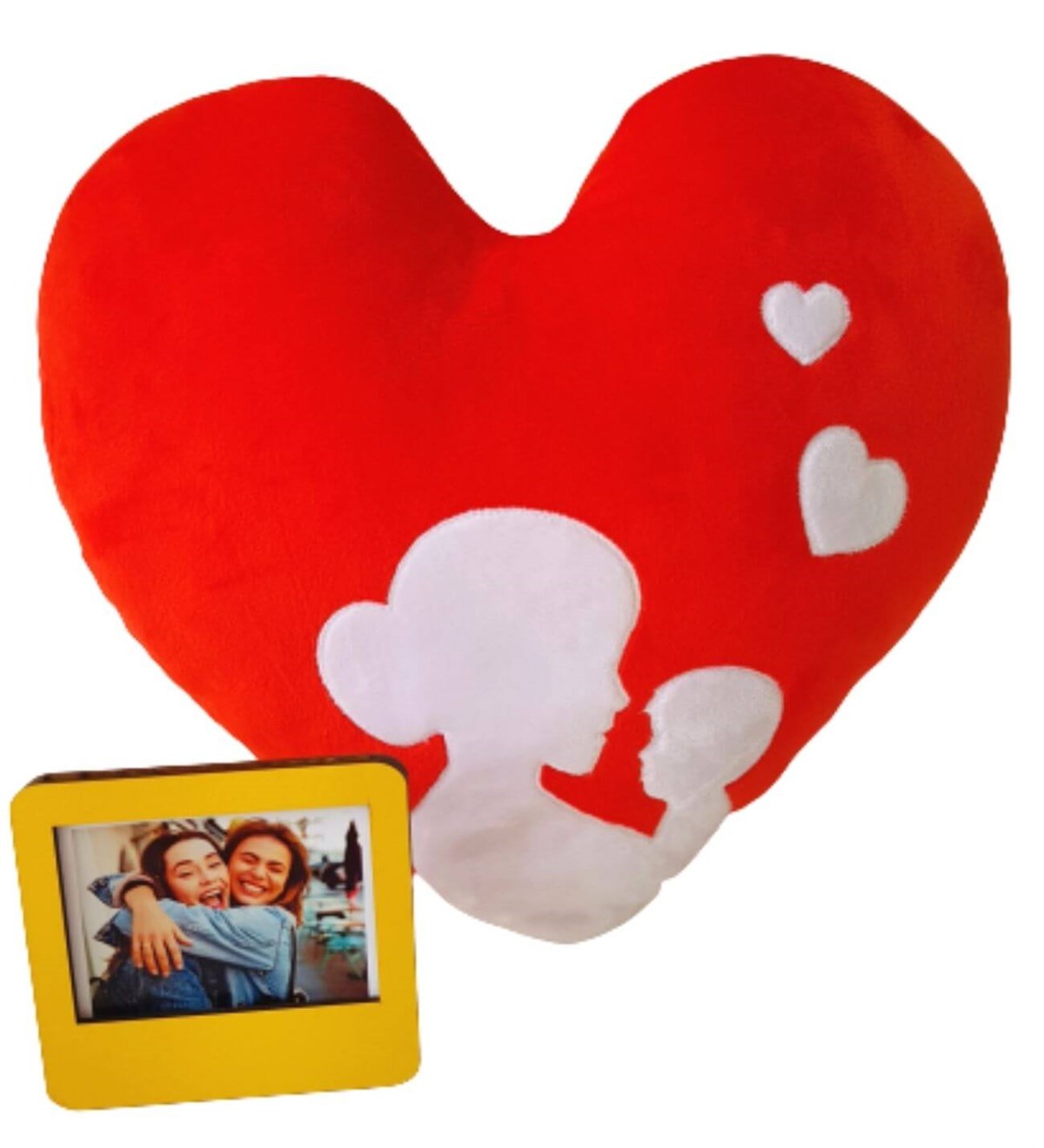 Kişiye Özel Sarı Çerçeveli Fotoğraflı Anne Bebek Kalp Yastık Hediye Seti Yeni Doğan Hediye Seti;Yeni Doğan Hediye Seti