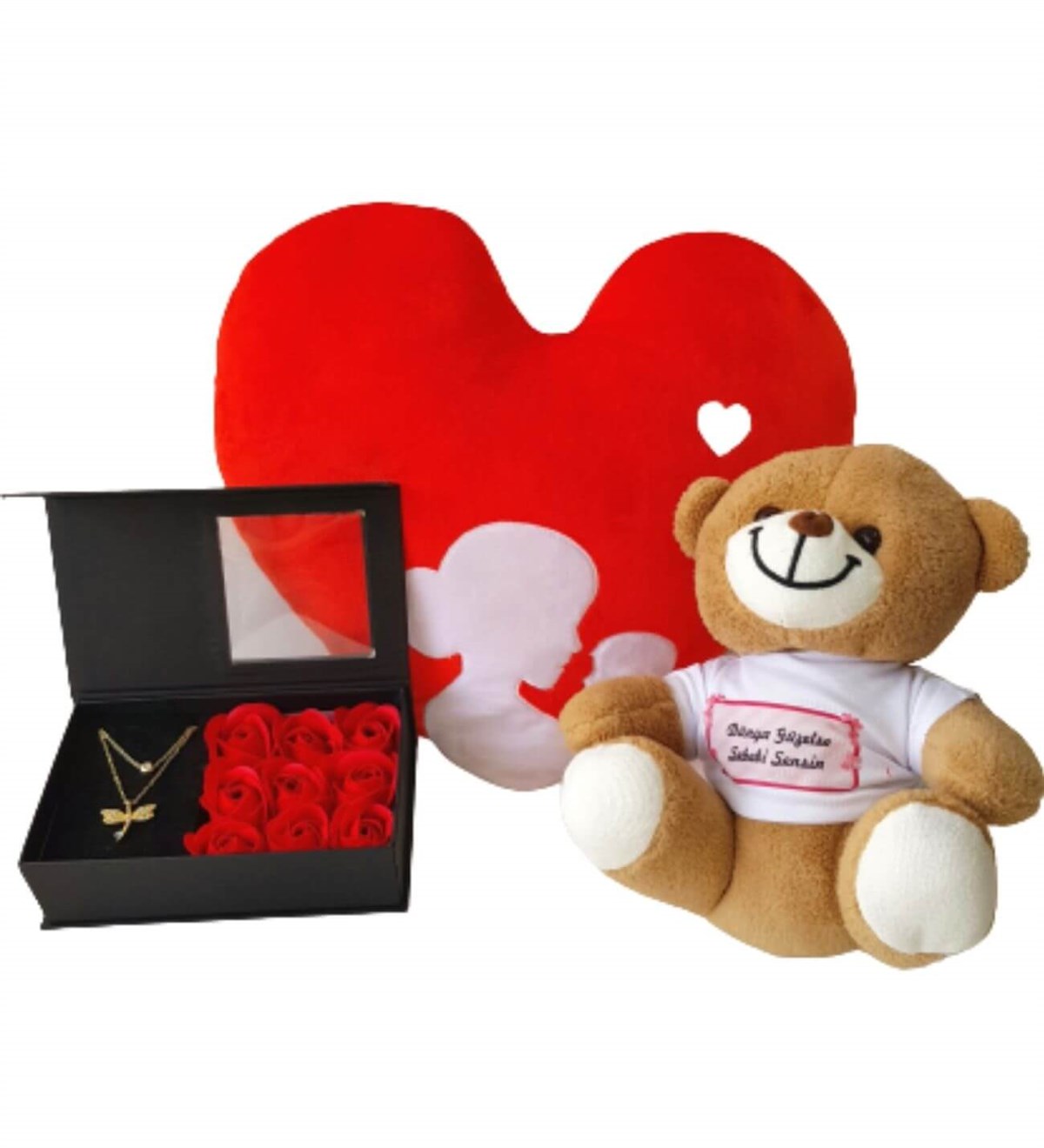 Anne Bebek Kalp Yastık Gül Kutusunda Yusufcuk Kolye Dünye Güzelse Sebebi Sensin Ayıcık Yeni Doğan Hediye Seti;Yeni Doğan Hediye Seti