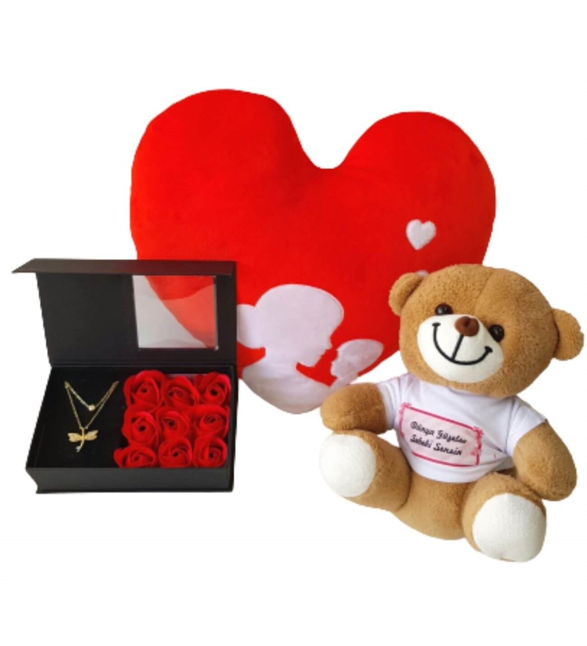 Anne Bebek Kalp Yastık Gül Kutusunda Yusufcuk Kolye Dünye Güzelse Sebebi Sensin Ayıcık Yeni Doğan Hediye Seti;Yeni Doğan Hediye Seti