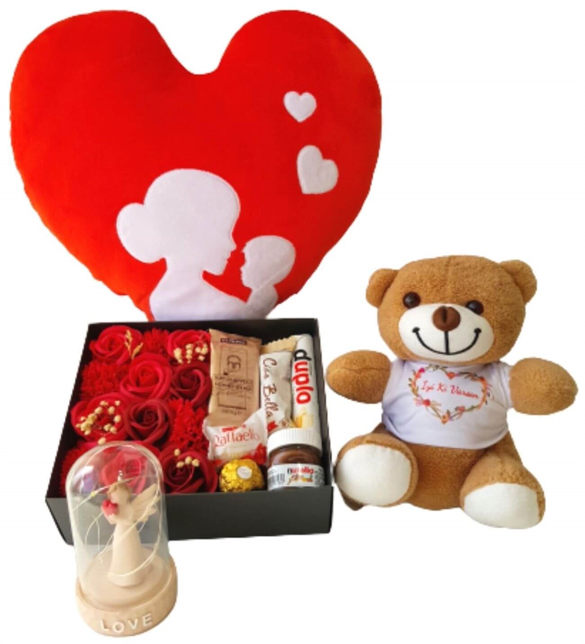 Anne Bebek Kalp Yastık Özel Kutuda Karışık Ferrero Çikolata  İyiki Varsın Ayıcık Işıklı Love Fanus Yeni Doğan Hediye Seti;Yeni Doğan Hediye Seti