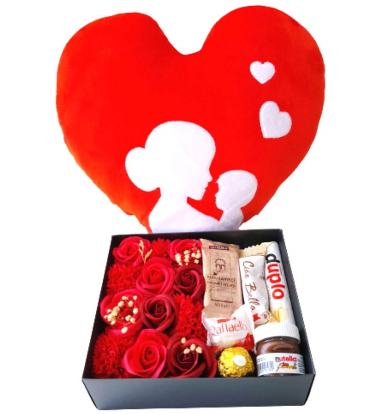 Anne Bebek Kalp Yastık Özel Kutuda Karışık Ferrero Çikolata  İyiki Varsın Ayıcık Işıklı Love Fanus Yeni Doğan Hediye Seti;Yeni Doğan Hediye Seti