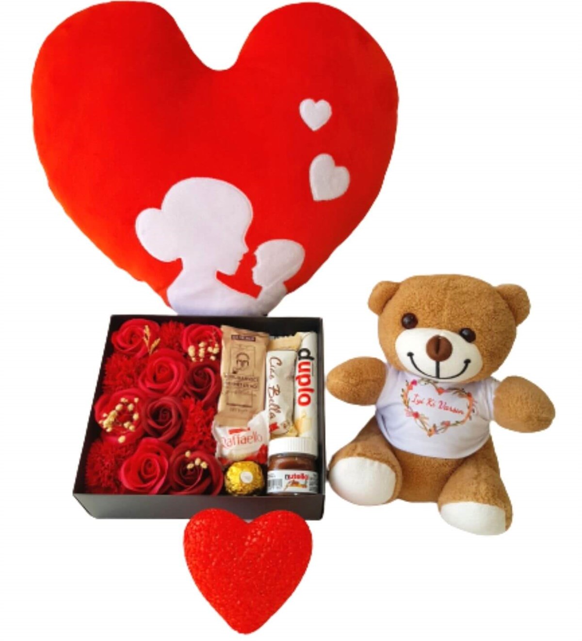 Anne Bebek Kalp Yastık Özel Kutuda Karışık Ferrero Çikolata  İyiki Varsın Ayıcık Kırmızı Kalp Lamba Yeni Doğan Hediye Seti;Yeni Doğan Hediye Seti