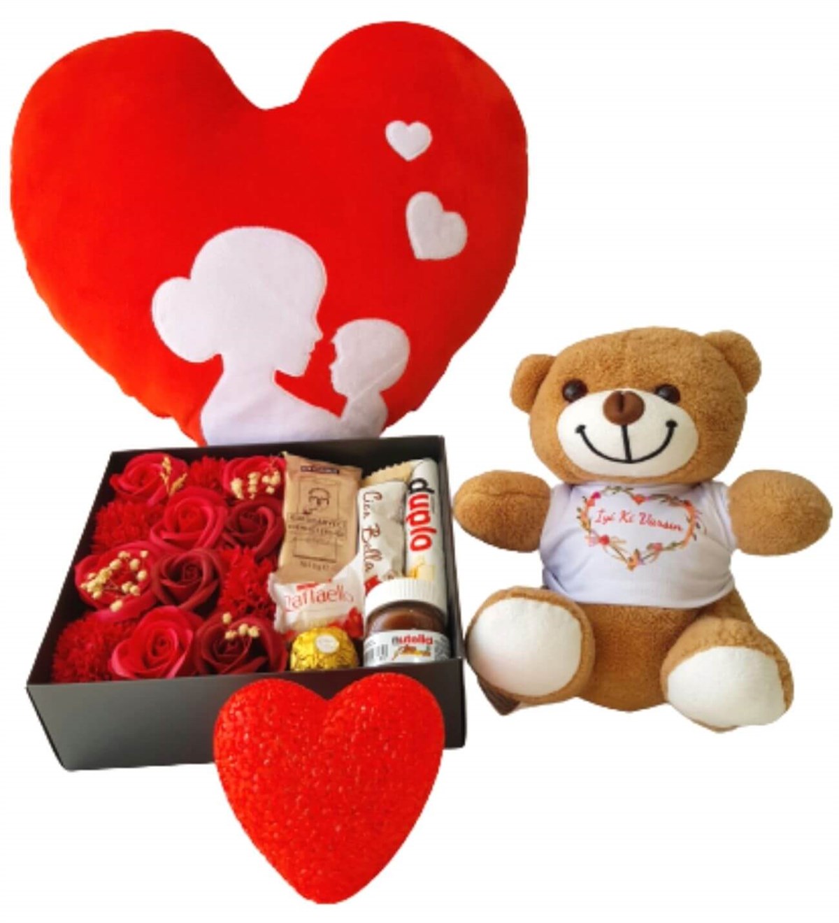 Anne Bebek Kalp Yastık Özel Kutuda Karışık Ferrero Çikolata  İyiki Varsın Ayıcık Kırmızı Kalp Lamba Yeni Doğan Hediye Seti;Yeni Doğan Hediye Seti