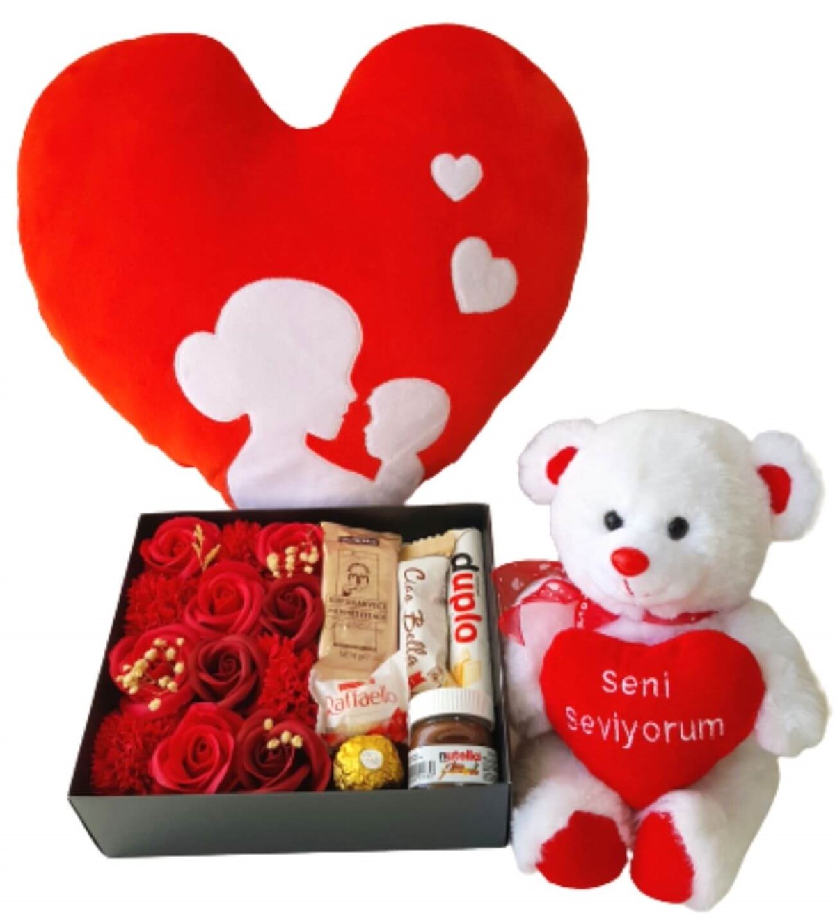 Hanbeyi  Anne Bebek Kalp Yastık Özel Kutuda Karışık Ferrero Çikolata  Seni Seviyorum Ayıcık Yeni Doğan Hediye Seti;Yeni Doğan Hediye Seti
