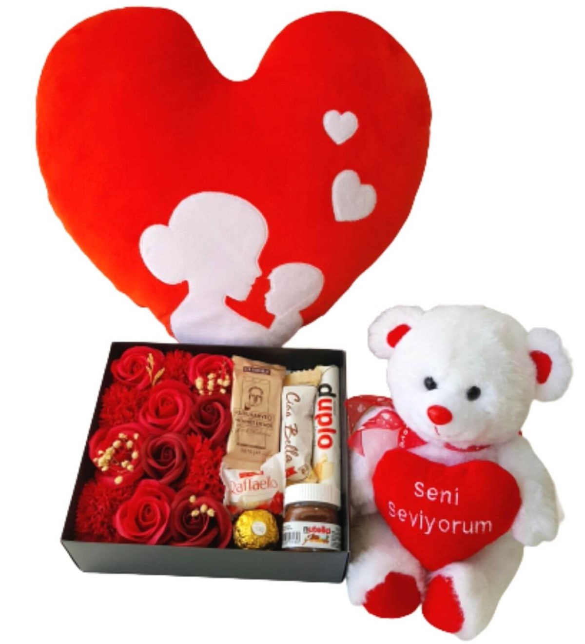 Hanbeyi  Anne Bebek Kalp Yastık Özel Kutuda Karışık Ferrero Çikolata  Seni Seviyorum Ayıcık Yeni Doğan Hediye Seti;Yeni Doğan Hediye Seti