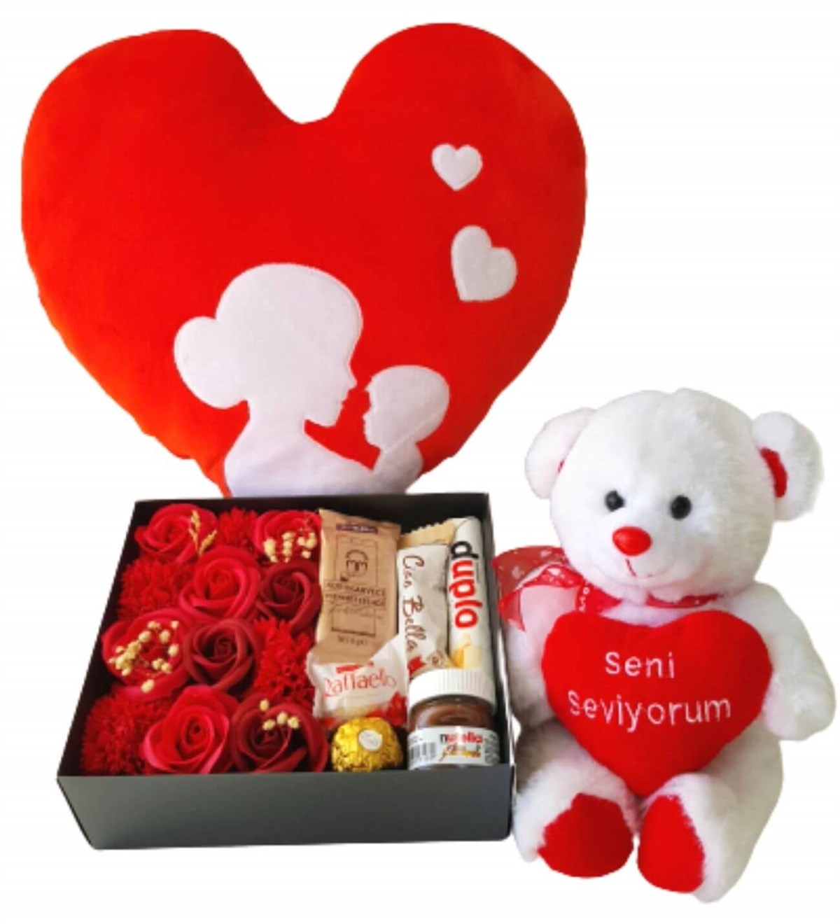 Hanbeyi  Anne Bebek Kalp Yastık Özel Kutuda Karışık Ferrero Çikolata  Seni Seviyorum Ayıcık Yeni Doğan Hediye Seti;Yeni Doğan Hediye Seti