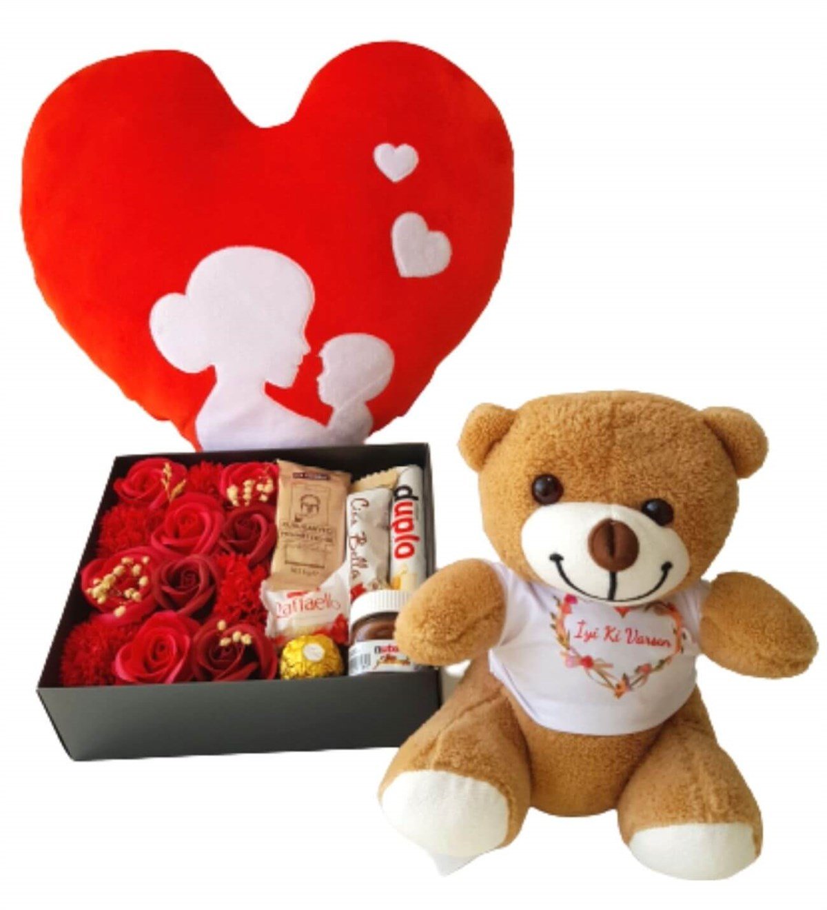 Anne Bebek Kalp Yastık Özel Kutuda Karışık Ferrero Çikolata  İyiki Varsın Ayıcık Hediye Seti Yeni Doğan Hediye Seti;Yeni Doğan Hediye Seti