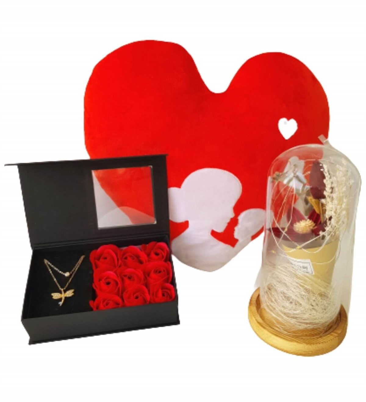 Hanbeyi Anne Bebek Kalp Yastık Gül Kutusunda Yusufcuk Kolye Işıklı Gül Fanus Hediye Seti Yeni Doğan Hediye Seti;Yeni Doğan Hediye Seti