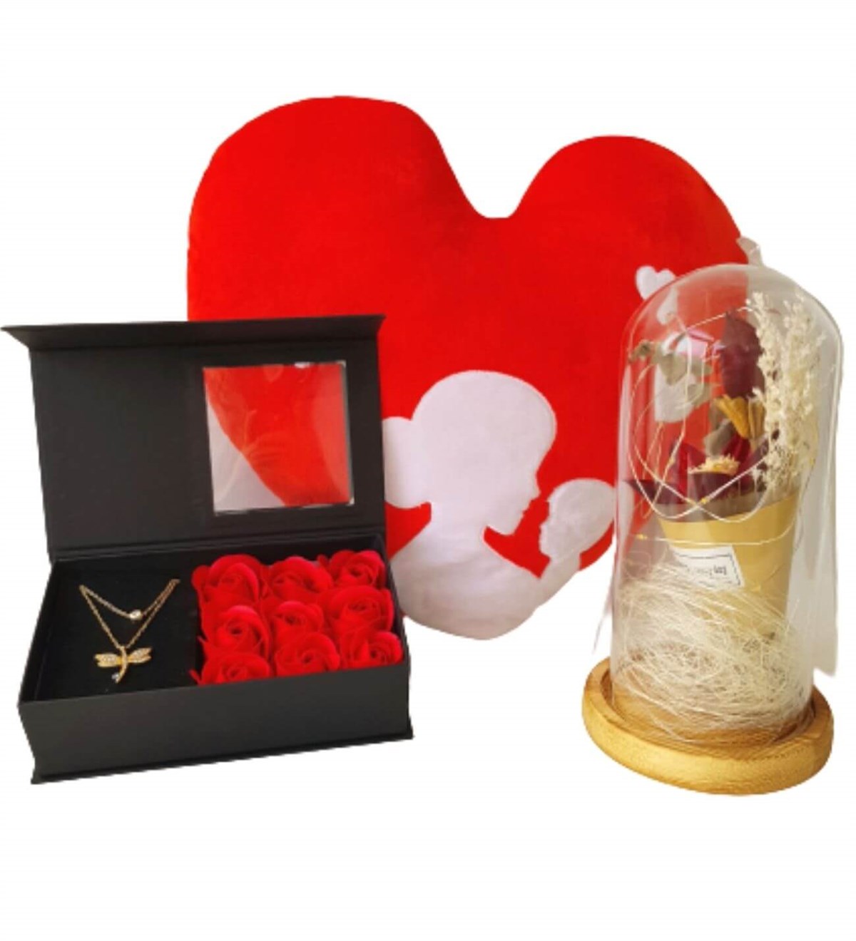 Hanbeyi Anne Bebek Kalp Yastık Gül Kutusunda Yusufcuk Kolye Işıklı Gül Fanus Hediye Seti Yeni Doğan Hediye Seti;Yeni Doğan Hediye Seti