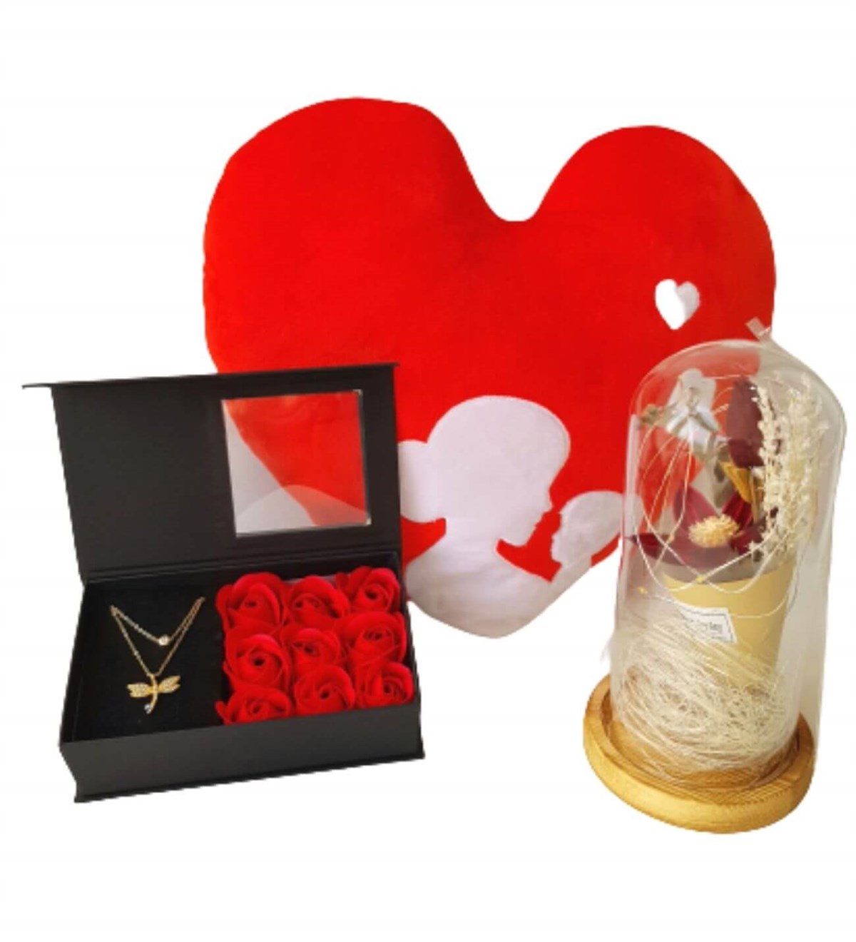 Hanbeyi Anne Bebek Kalp Yastık Gül Kutusunda Yusufcuk Kolye Işıklı Gül Fanus Hediye Seti Yeni Doğan Hediye Seti;Yeni Doğan Hediye Seti