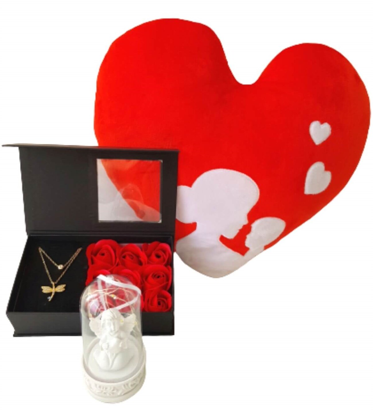 Hanbeyi Anne Bebek Kalp Yastık Gül Kutusunda Yusufcuk Kolye Işıklı Melek Fanus Hediye Seti Yeni Doğan Hediye Seti;Yeni Doğan Hediye Seti