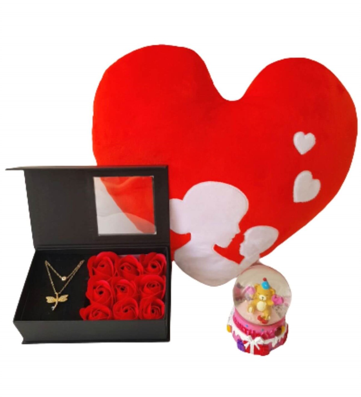 Hanbeyi Anne Bebek Kalp Yastık Gül Kutusunda Yusufcuk Kolye Ayıcık Kar Küresi Hediye Seti Yeni Doğan Hediye Seti;Yeni Doğan Hediye Seti