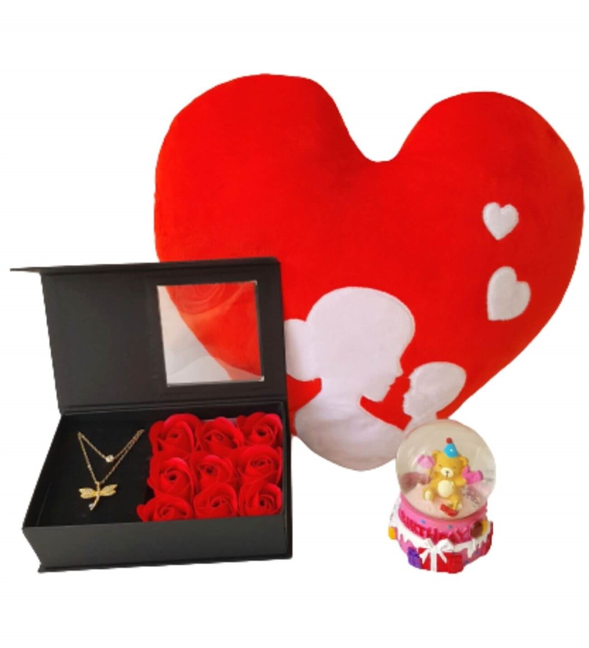 Hanbeyi Anne Bebek Kalp Yastık Gül Kutusunda Yusufcuk Kolye Ayıcık Kar Küresi Hediye Seti Yeni Doğan Hediye Seti;Yeni Doğan Hediye Seti