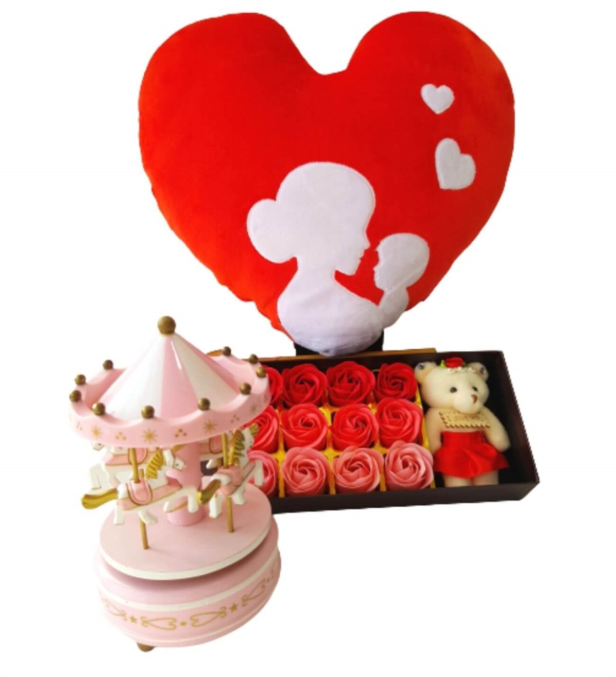 Hanbeyi Anne Bebek Kalp Yastık 12 Gül Kutusu Pembe Atlı Karınca Hediye Seti Yeni Doğan Hediye Seti;Yeni Doğan Hediye Seti