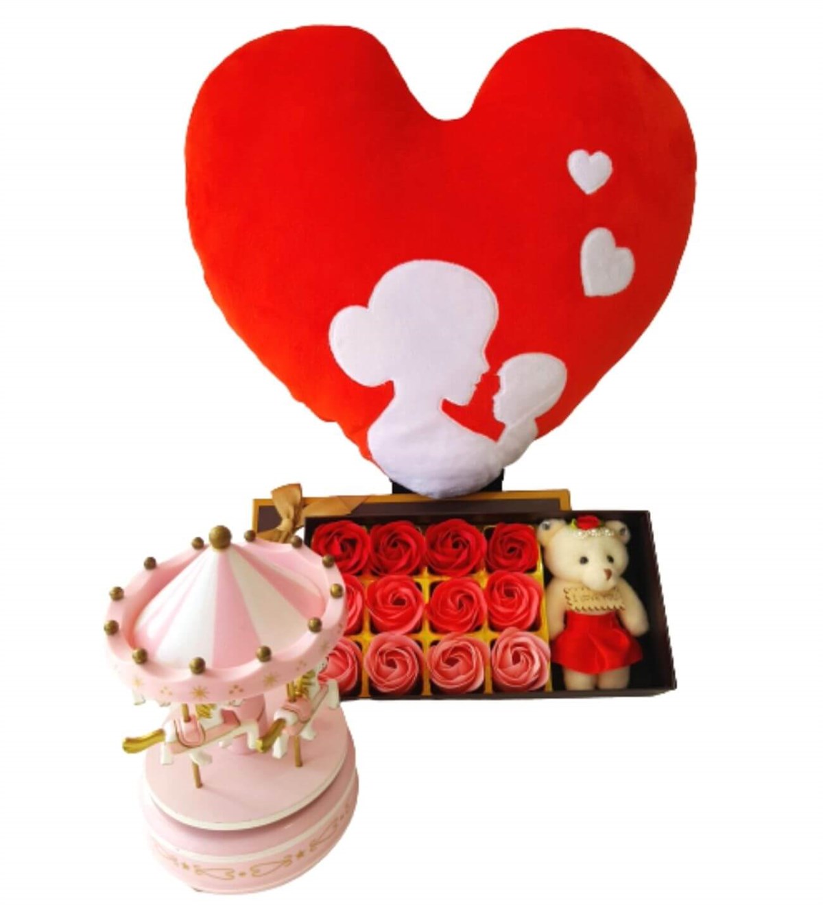 Hanbeyi Anne Bebek Kalp Yastık 12 Gül Kutusu Pembe Atlı Karınca Hediye Seti Yeni Doğan Hediye Seti;Yeni Doğan Hediye Seti