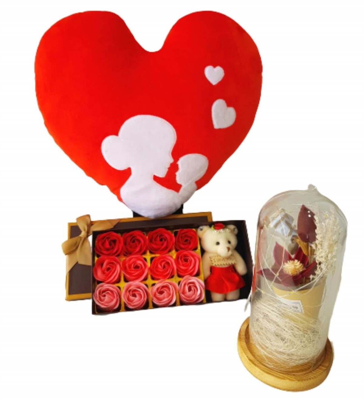 Hanbeyi Anne Bebek Kalp Yastık 12 Gül Kutusu Işıklı Gül Fanus Hediye Seti Yeni Doğan Hediye Seti;Yeni Doğan Hediye Seti