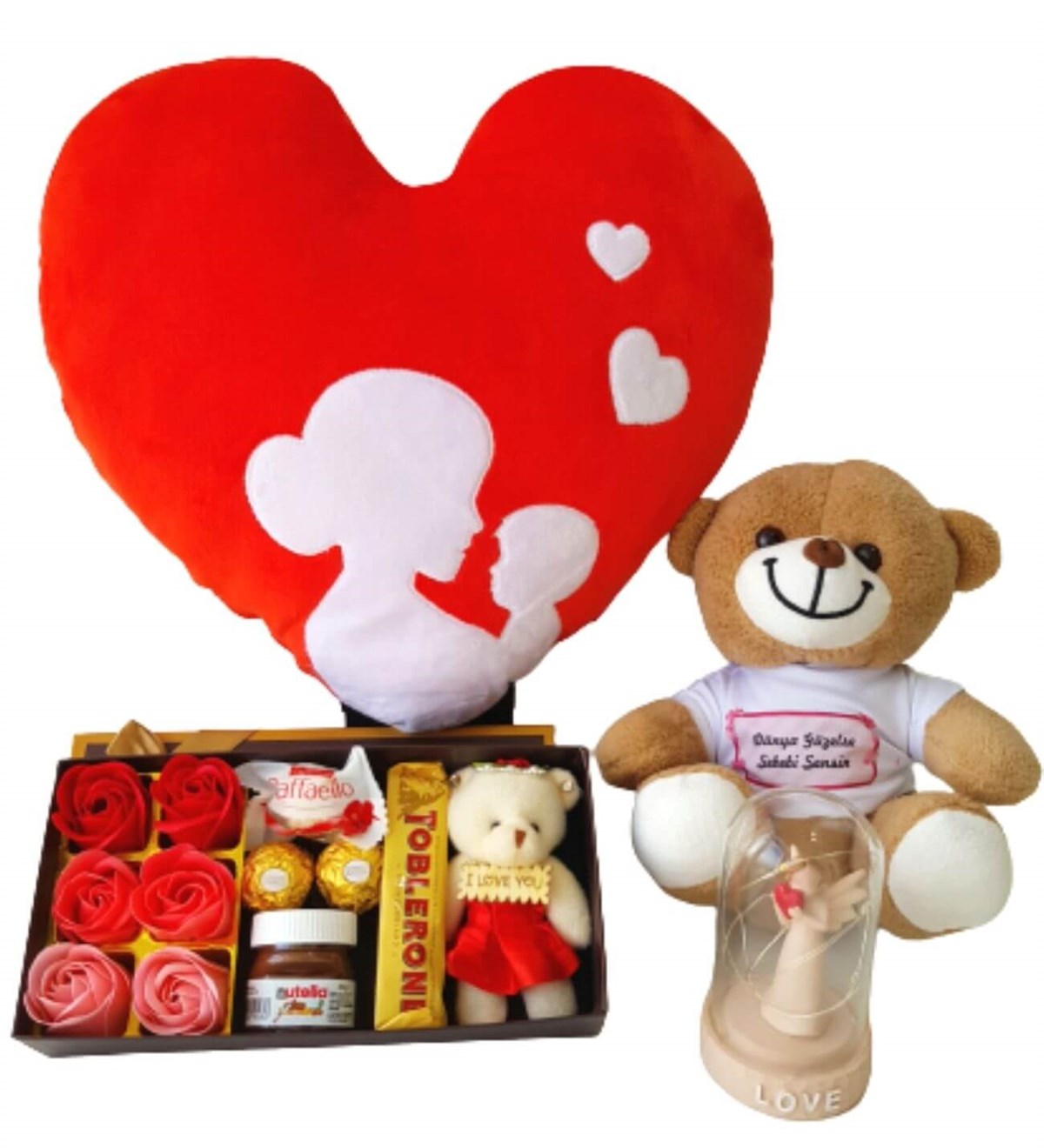 Anne Bebek Kalp Yastık Gül Kutusu Ferrero Çikolata Dünya Güzeline Ayıcık Işıklı Love Fanus Yeni Doğan Hediye Seti;Yeni Doğan Hediye Seti