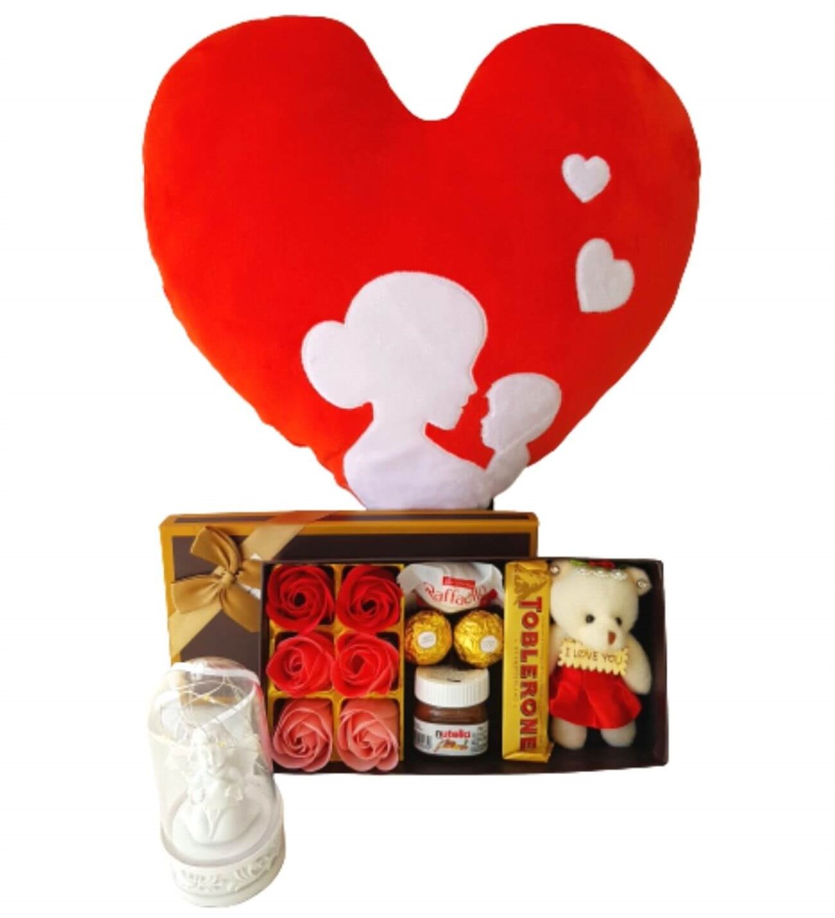 Anne Bebek Kalp Yastık Gül Kutusu Ferrero Çikolata Dünya Güzeline Ayıcık Işıklı Melek Fanus Yeni Doğan Hediye Seti;Yeni Doğan Hediye Seti