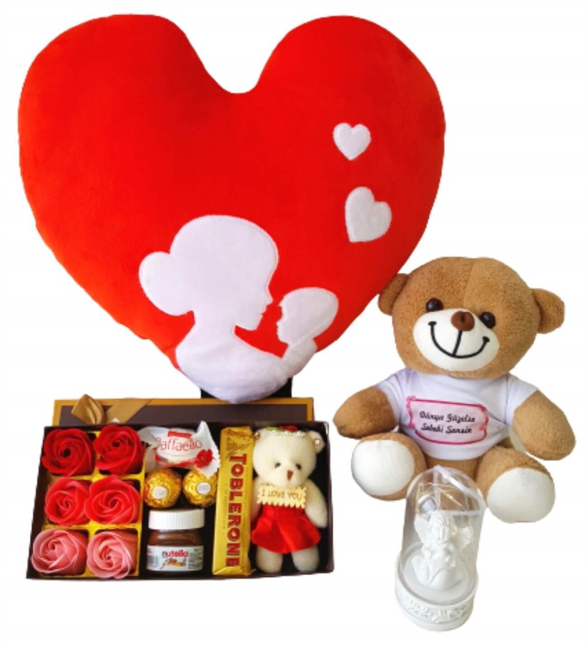 Anne Bebek Kalp Yastık Gül Kutusu Ferrero Çikolata Dünya Güzeline Ayıcık Işıklı Melek Fanus Yeni Doğan Hediye Seti;Yeni Doğan Hediye Seti
