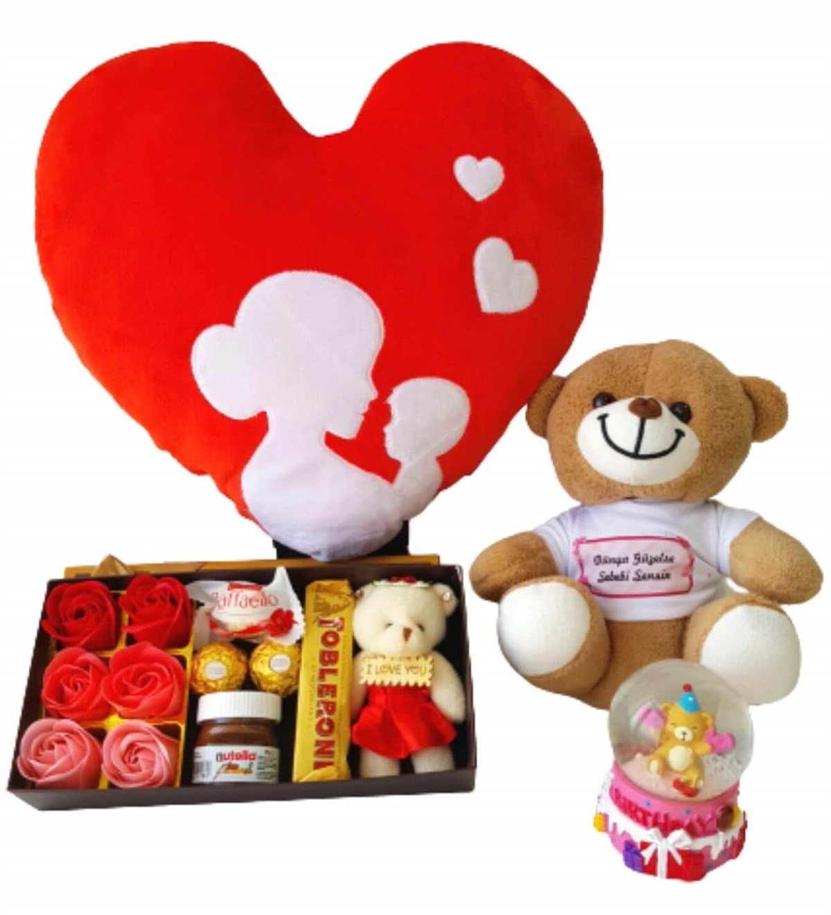 Anne Bebek Kalp Yastık Gül Kutusu Ferrero Çikolata Dünya Güzeline Ayıcık Kar Küresi Yeni Doğan Hediye Seti;Yeni Doğan Hediye Seti