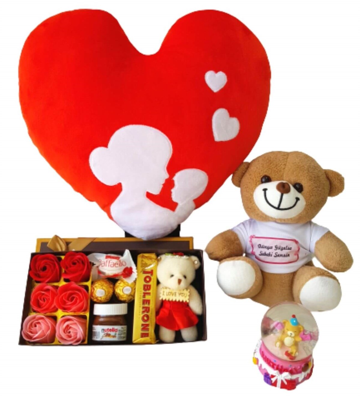 Anne Bebek Kalp Yastık Gül Kutusu Ferrero Çikolata Dünya Güzeline Ayıcık Kar Küresi Yeni Doğan Hediye Seti;Yeni Doğan Hediye Seti