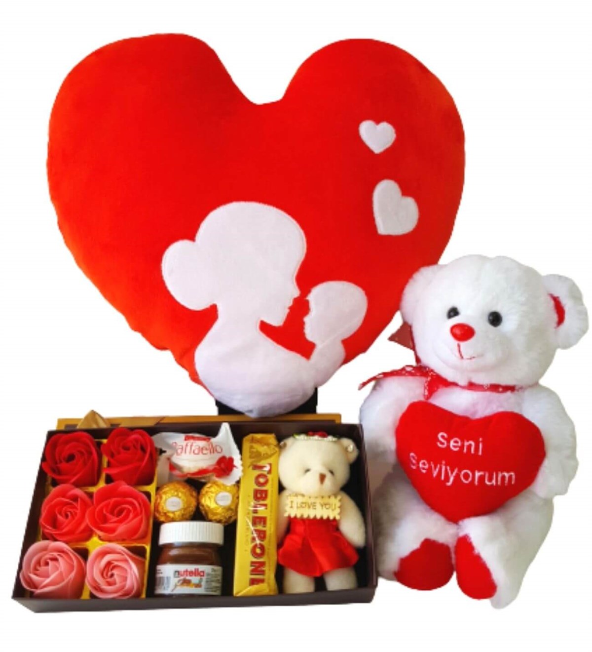 Hanbeyi Anne Bebek Kalp Yastık Gül Kutusu Ferrero Çikolata Seni Seviyorum Ayıcık Hediye Seti Yeni Doğan Hediye Seti;Yeni Doğan Hediye Seti