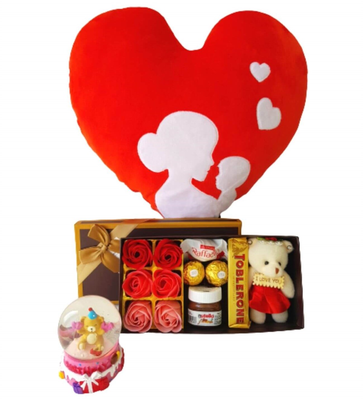 Hanbeyi Anne Bebek Kalp Yastık Gül Kutusu Ferrero Çikolata Ayıcık Kar Küresi Hediye Seti Yeni Doğan Hediye Seti;Yeni Doğan Hediye Seti