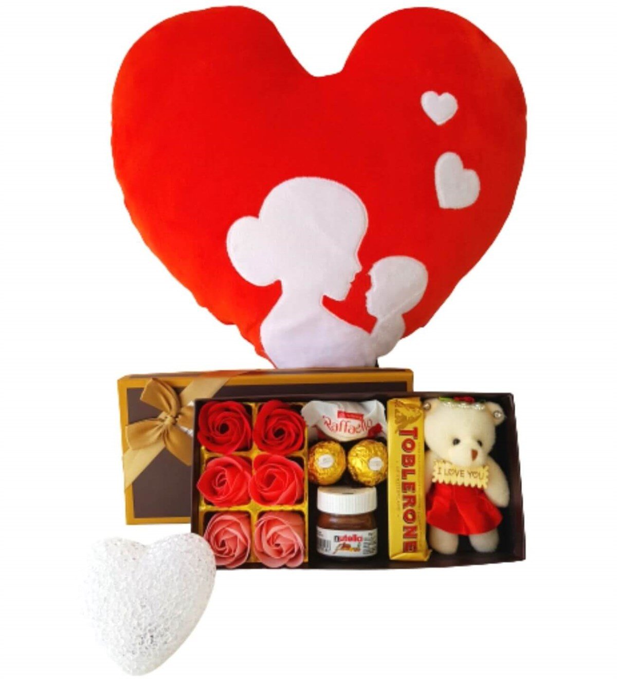 Hanbeyi Anne Bebek Kalp Yastık Gül Kutusu Ferrero Çikolata Beyaz Kalp Lamba Hediye Seti Yeni Doğan Hediye Seti;Yeni Doğan Hediye Seti