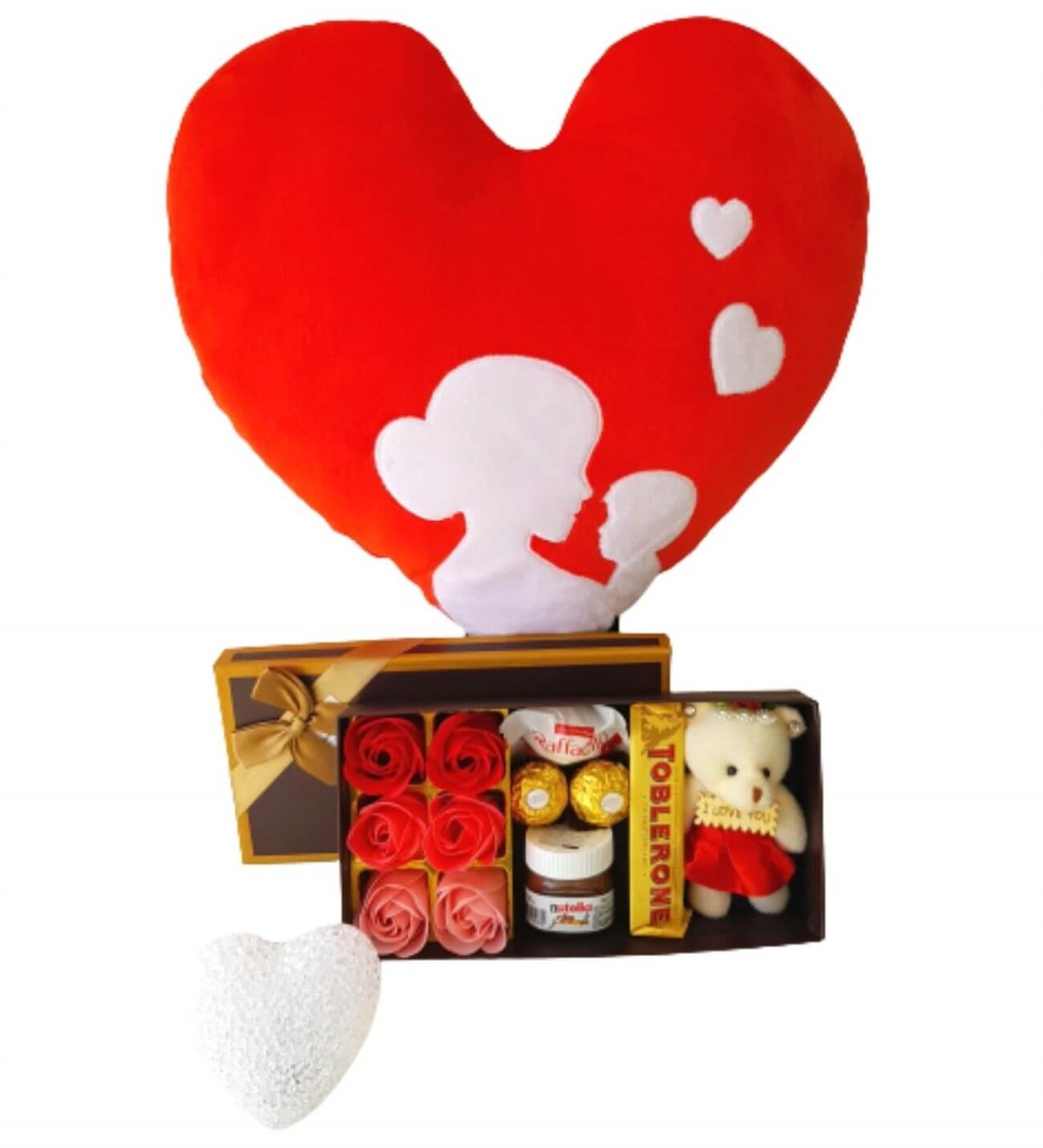 Hanbeyi Anne Bebek Kalp Yastık Gül Kutusu Ferrero Çikolata Beyaz Kalp Lamba Hediye Seti Yeni Doğan Hediye Seti;Yeni Doğan Hediye Seti