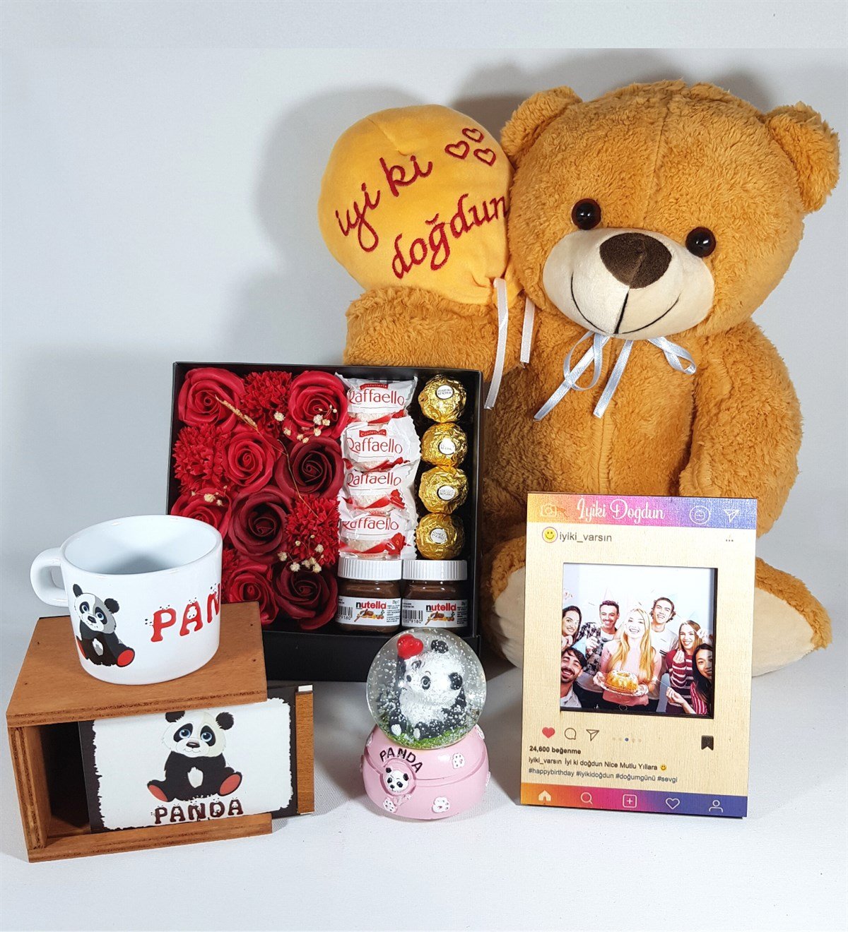 Doğum Günü Hediye Kişiye Özel İnstagram Çerçeve Fotoğraflı Panda Özel Set Ferrero Çikolata Hediye Setleri