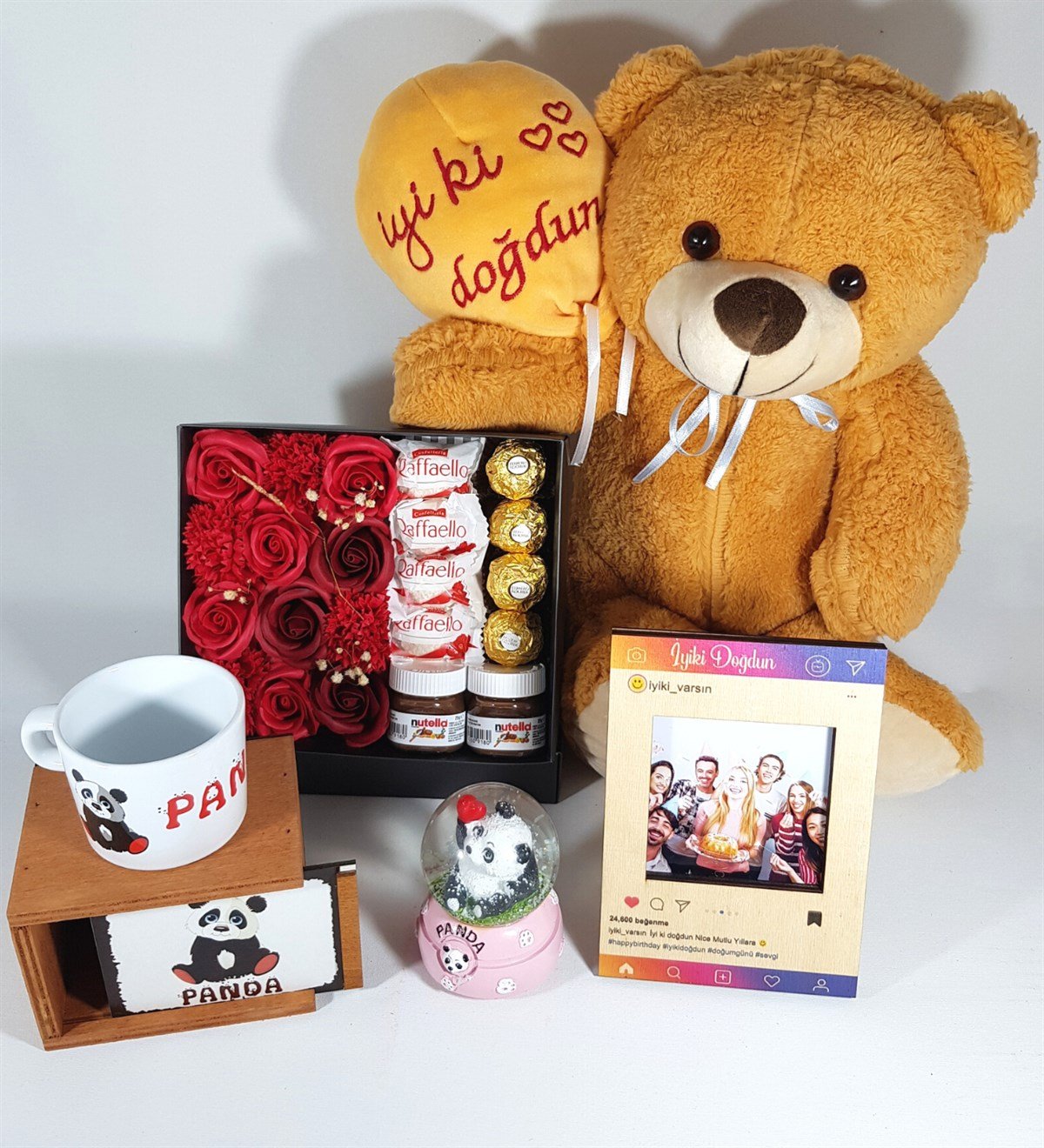 Doğum Günü Hediye Kişiye Özel İnstagram Çerçeve Fotoğraflı Panda Özel Set Ferrero Çikolata Hediye Setleri