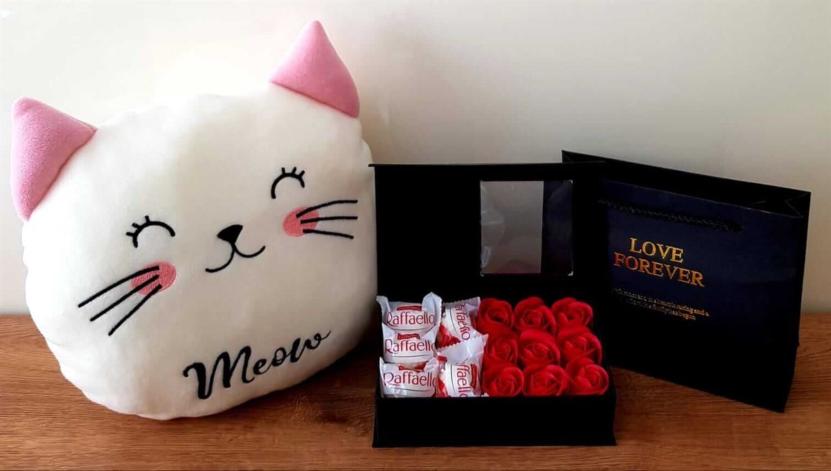 Poncik Kedi Polar Yastık Hediye Kırmızı Gül Kutusunda Raffaello Rocher Çikolata HEDİYE