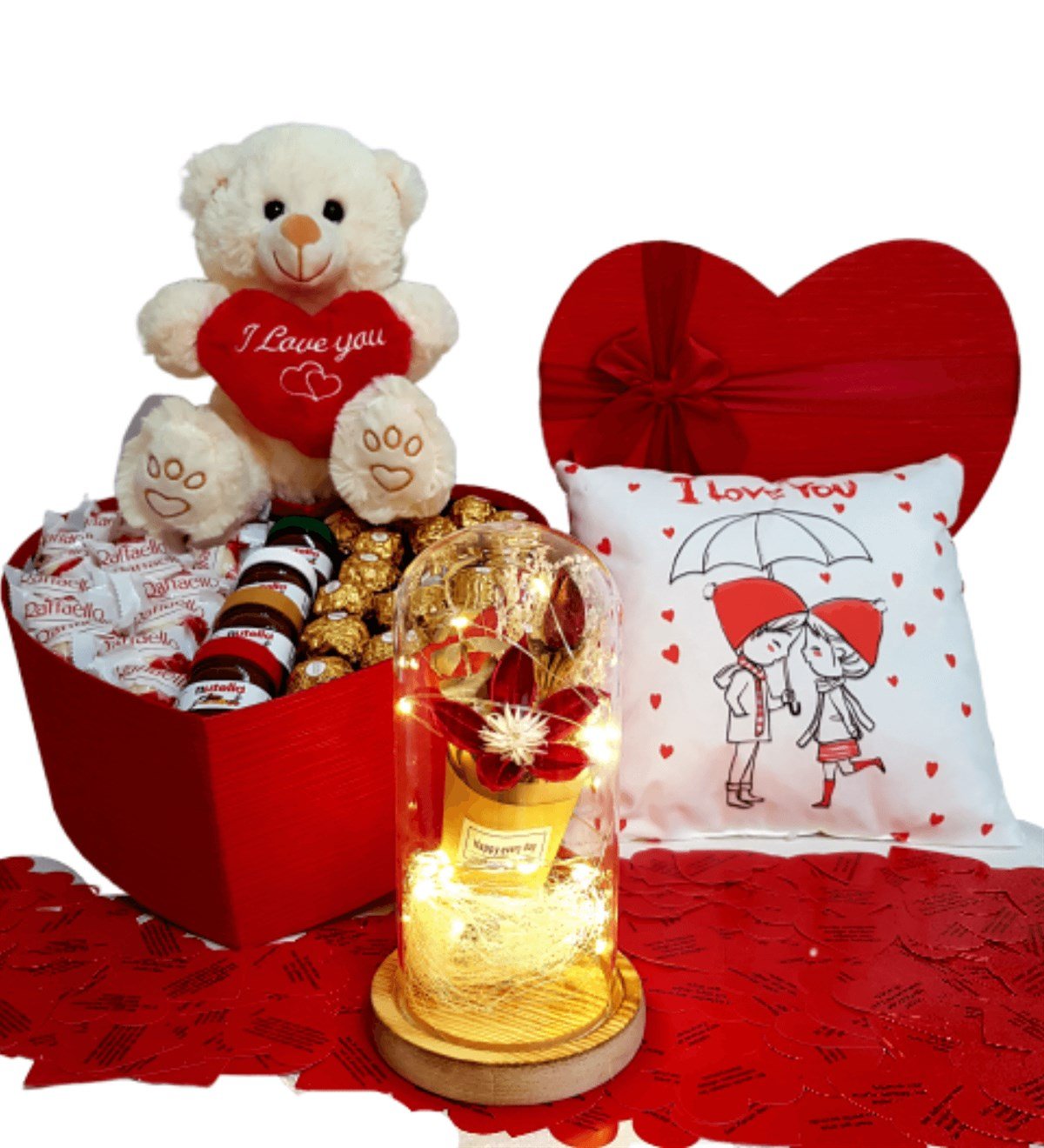 Sevgiliye Hediye Çikolata I Love You Mesaj Özel Set Ayıcık, Işıklı Gül Fanus HEDİYE
