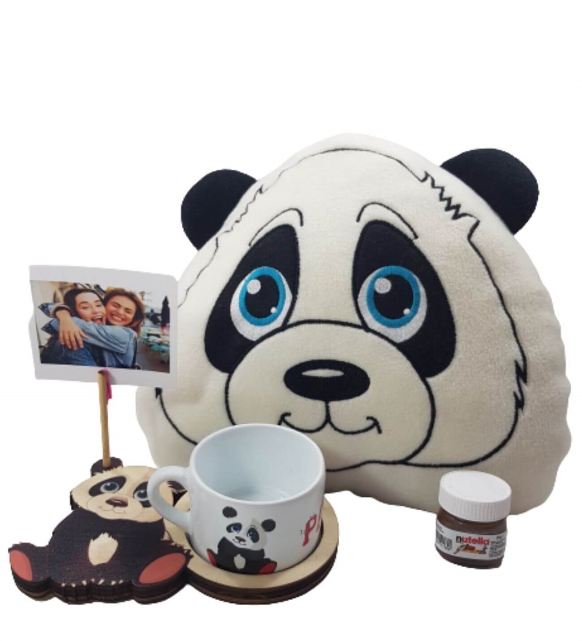 Kişiye Özel Masum Panda 3D Figürlü Kupa ve Yastık Mini Nutella Hediye Setleri
