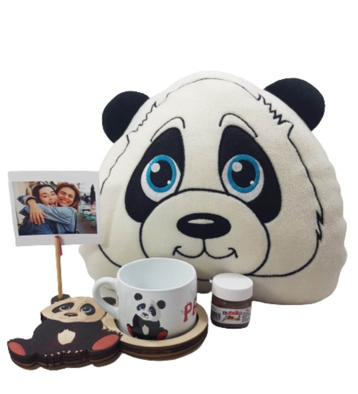 Kişiye Özel Masum Panda 3D Figürlü Kupa ve Yastık Mini Nutella Hediye Setleri