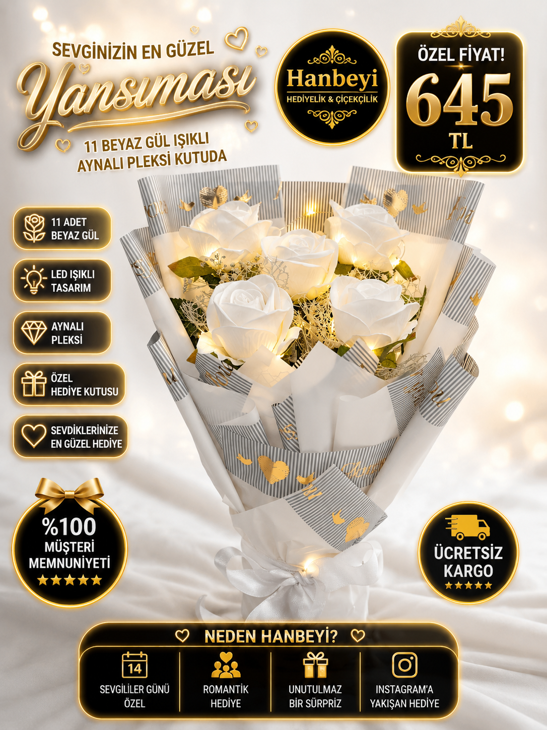Hanbeyi Işıklı 5'li Yapay Beyaz Gül Buketi Yapay Gül Koleksiyonu