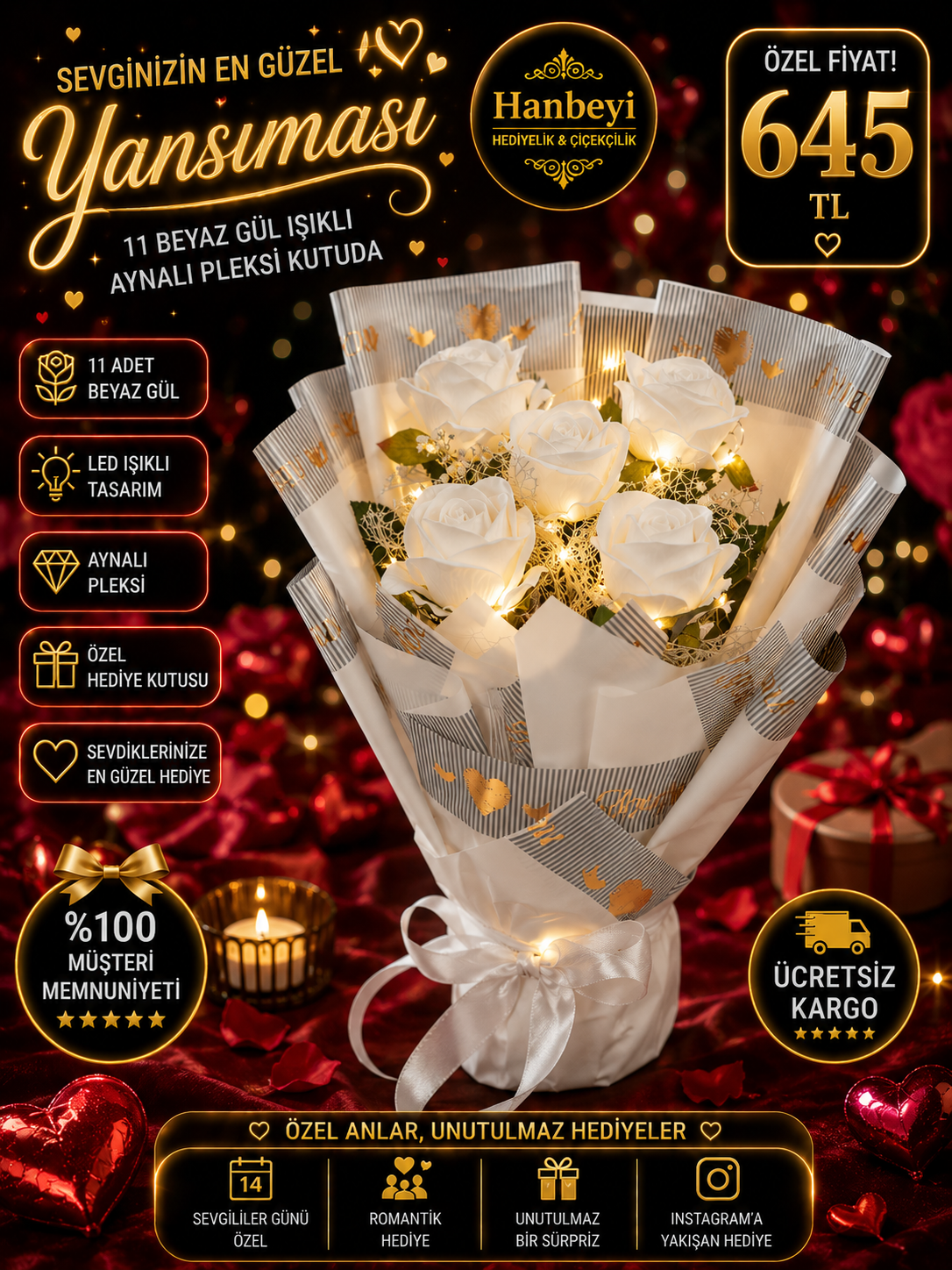 Hanbeyi Işıklı 5'li Yapay Beyaz Gül Buketi Yapay Gül Koleksiyonu