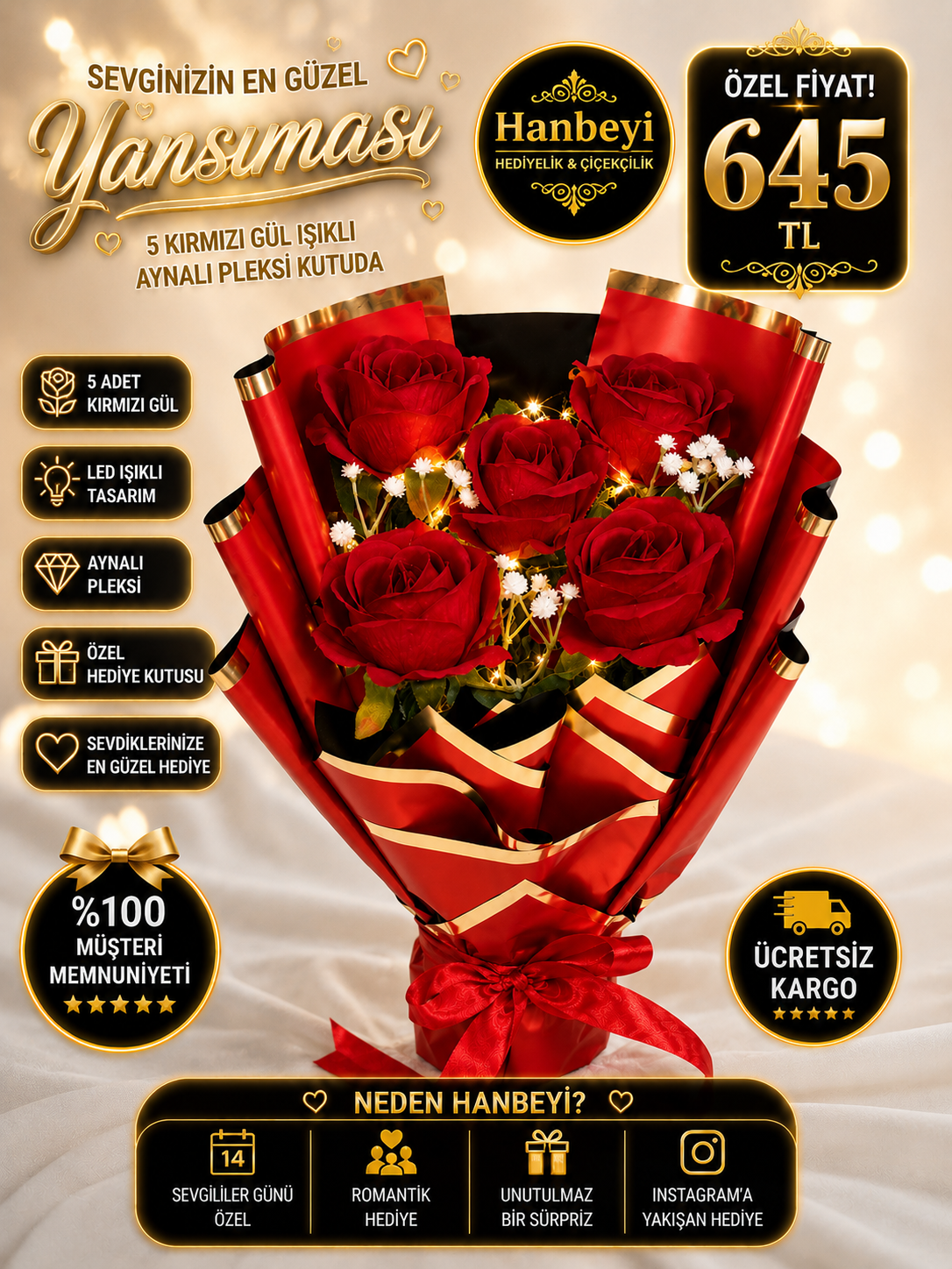 Hanbeyi Işıklı 5'li Yapay Kırmızı Gül Buketi Yapay Gül Koleksiyonu