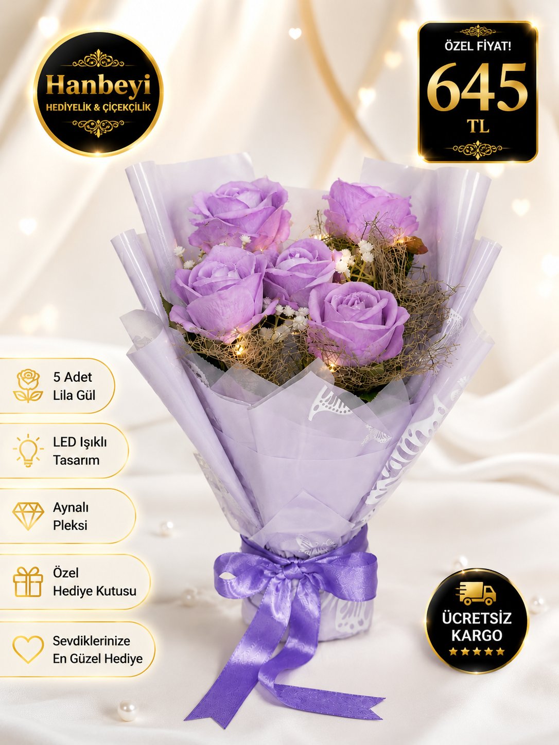 Hanbeyi Işıklı 5'li Yapay Pembe Gül Buketi Yapay Gül Koleksiyonu