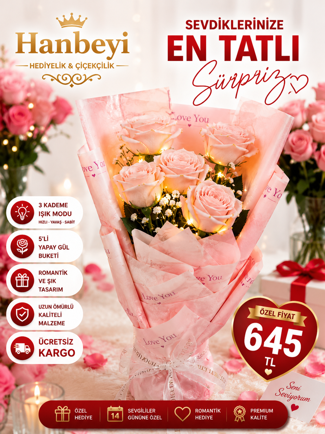 Hanbeyi Işıklı 5'li Yapay Pembe Gül Buketi Yapay Gül Koleksiyonu