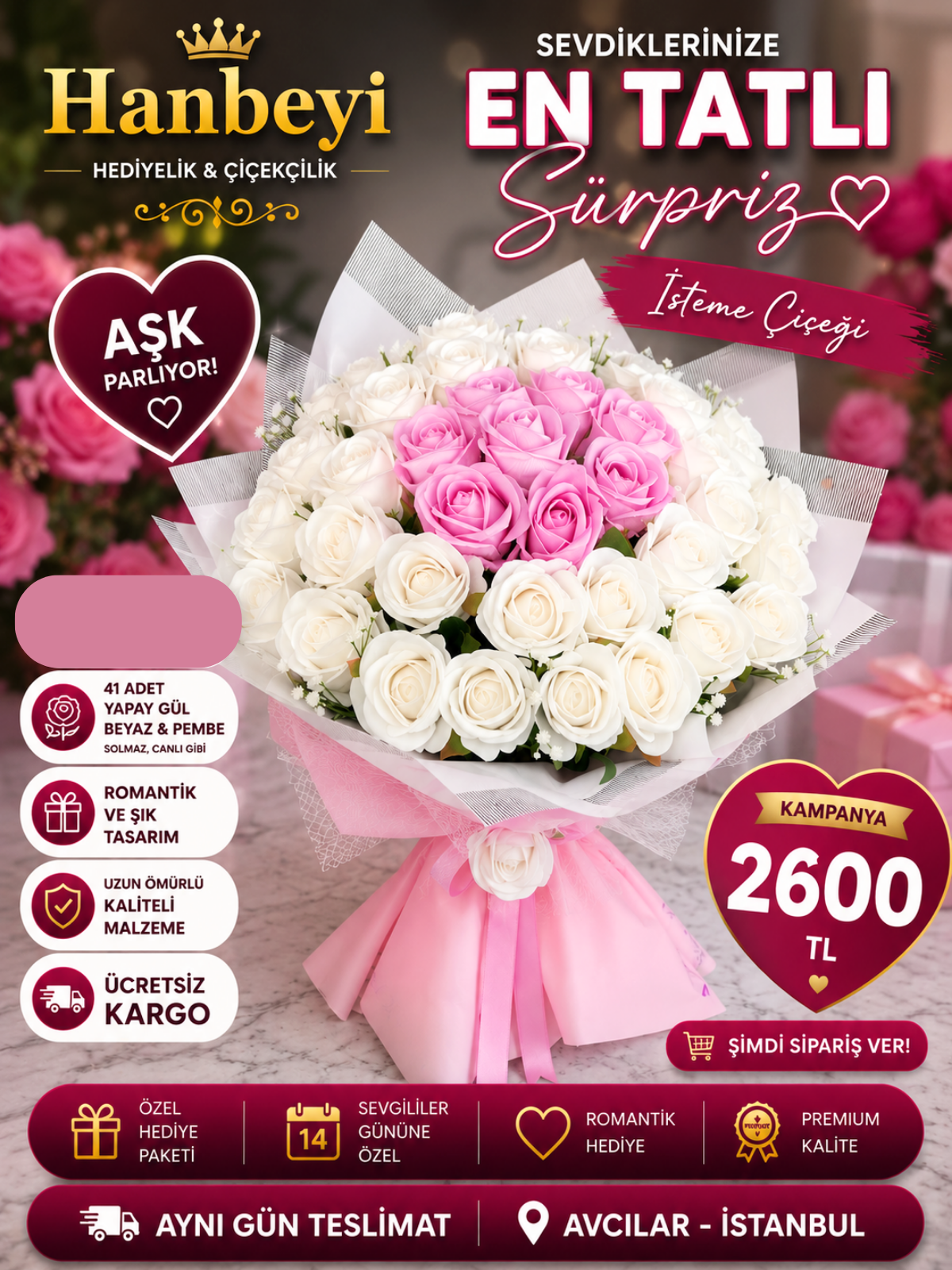 Hanbeyi Premium 41 Adet Yapay Beyaz ve Pembe Gül Buketi - Kız İsteme ve Söz Çiçeği YAPAY ÇİÇEK BUKETLERİ