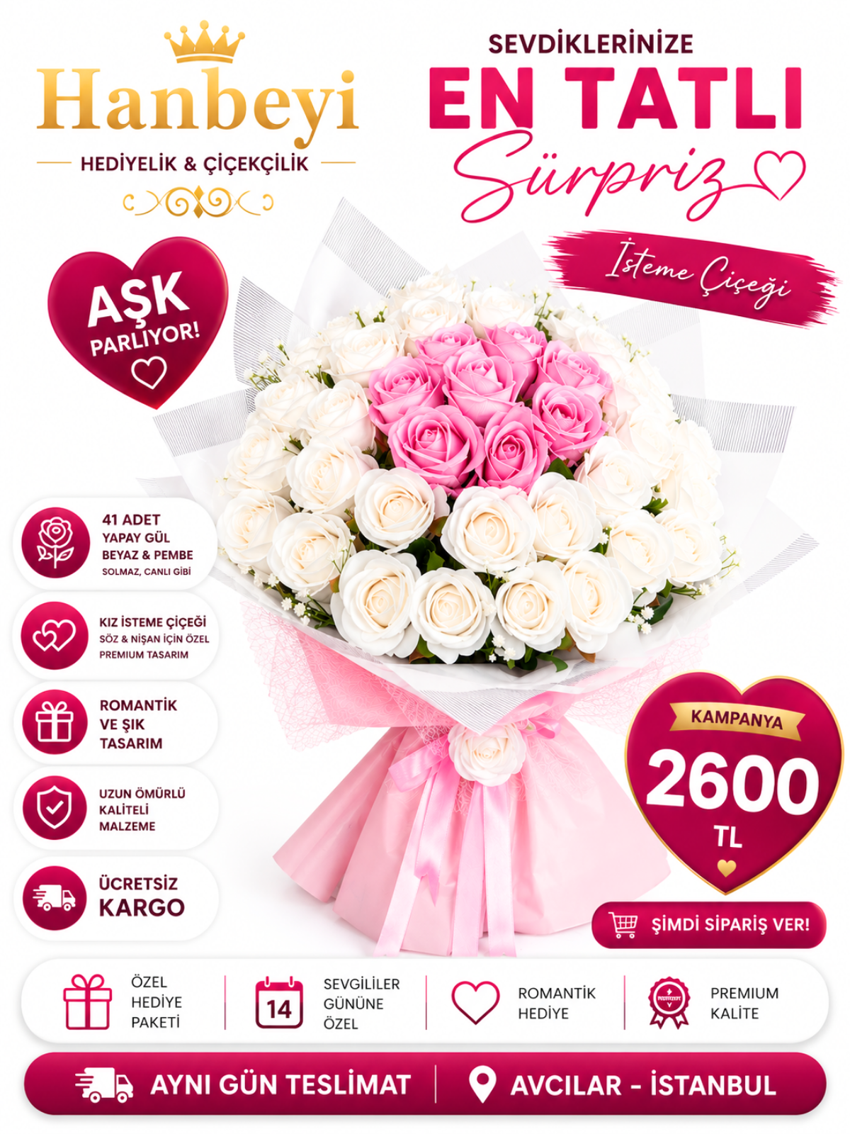 Hanbeyi Premium 41 Adet Yapay Beyaz ve Pembe Gül Buketi - Kız İsteme ve Söz Çiçeği YAPAY ÇİÇEK BUKETLERİ
