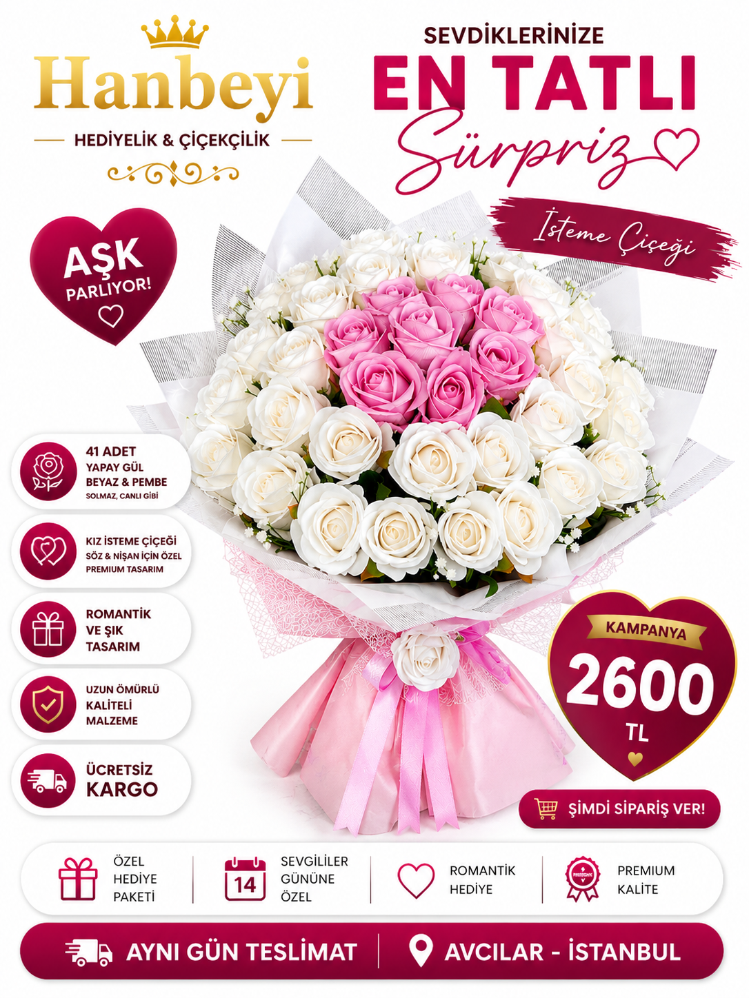Hanbeyi Premium 41 Adet Yapay Beyaz ve Pembe Gül Buketi - Kız İsteme ve Söz Çiçeği YAPAY ÇİÇEK BUKETLERİ