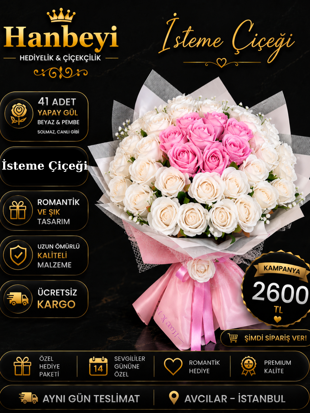 Hanbeyi Premium 41 Adet Yapay Beyaz ve Pembe Gül Buketi - Kız İsteme ve Söz Çiçeği YAPAY ÇİÇEK BUKETLERİ