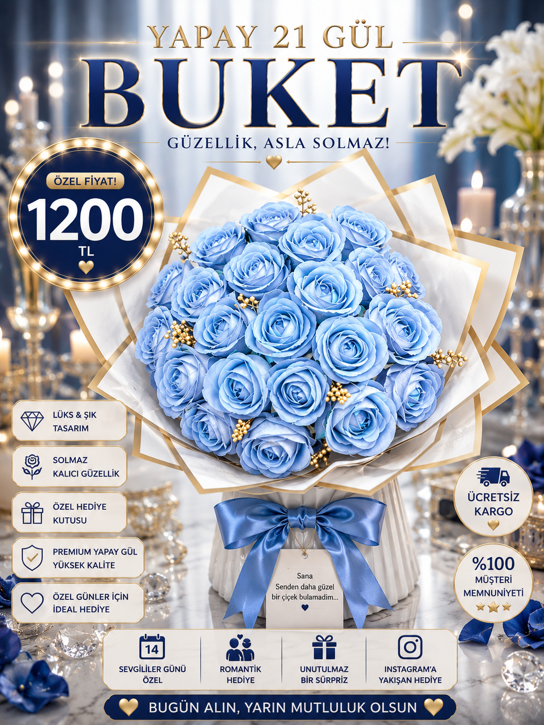 Hanbeyi Premium Yapay 21 Mavi Gül Buketi Yapay Gül Koleksiyonu