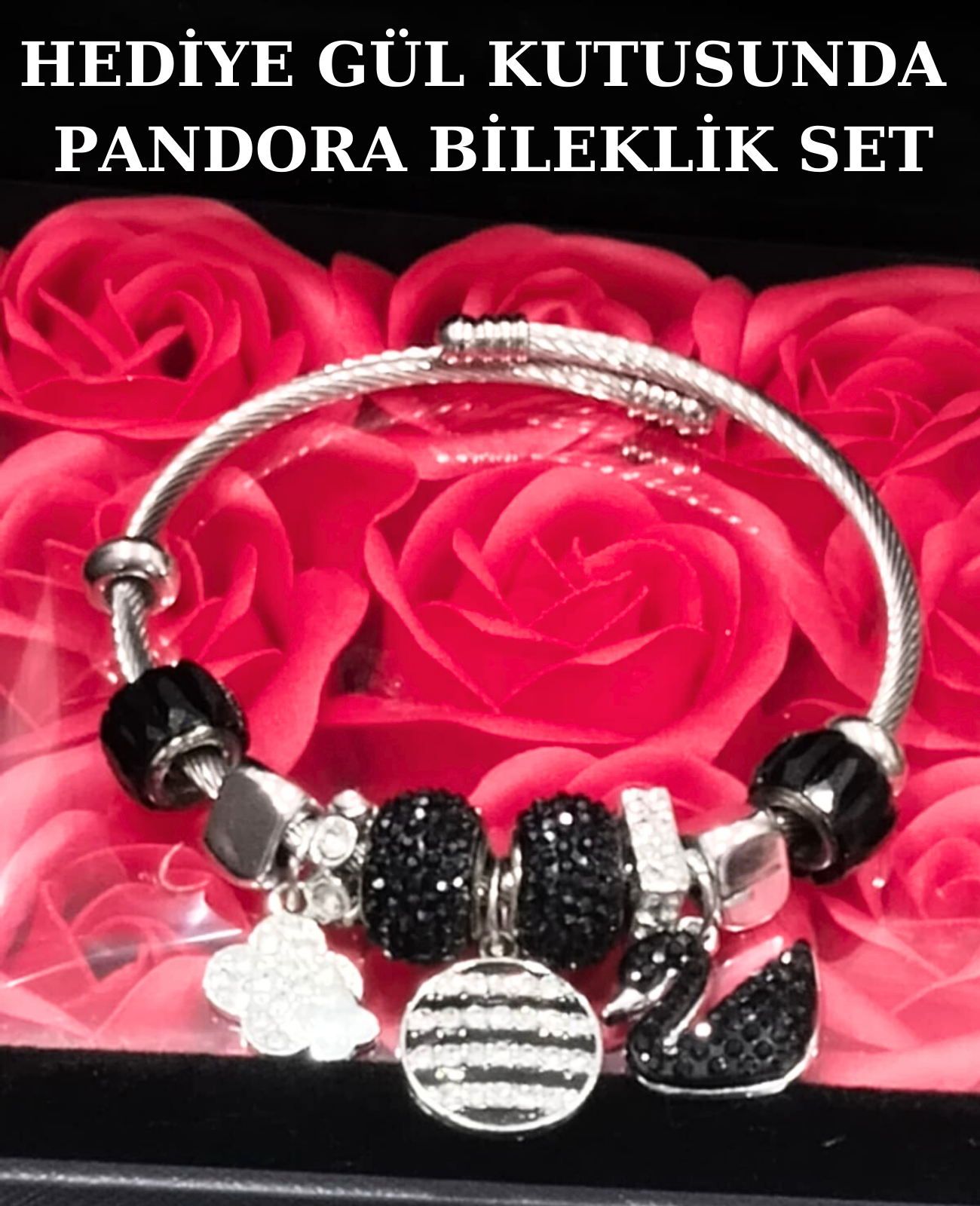 Hediye Gül Kutusunda Siyah Pandora Bileklik Hediye Seti HEDİYE SETLERİ