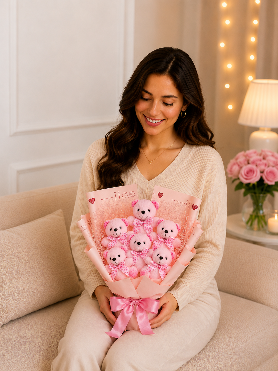 Pembe Ayıcık Buketi 6 Ayıcık– 3 Kademe Işıklı | Romantik Hediye Ayıcıklı Buketler