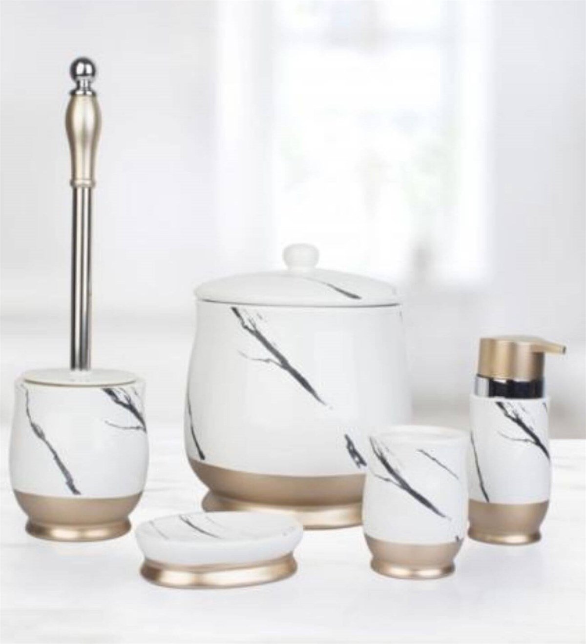Stoneware 5 Parça  Banyo Seti Çöp Kovalı Parlak Banyo Takımı 5 Lİ BANYO SETİ