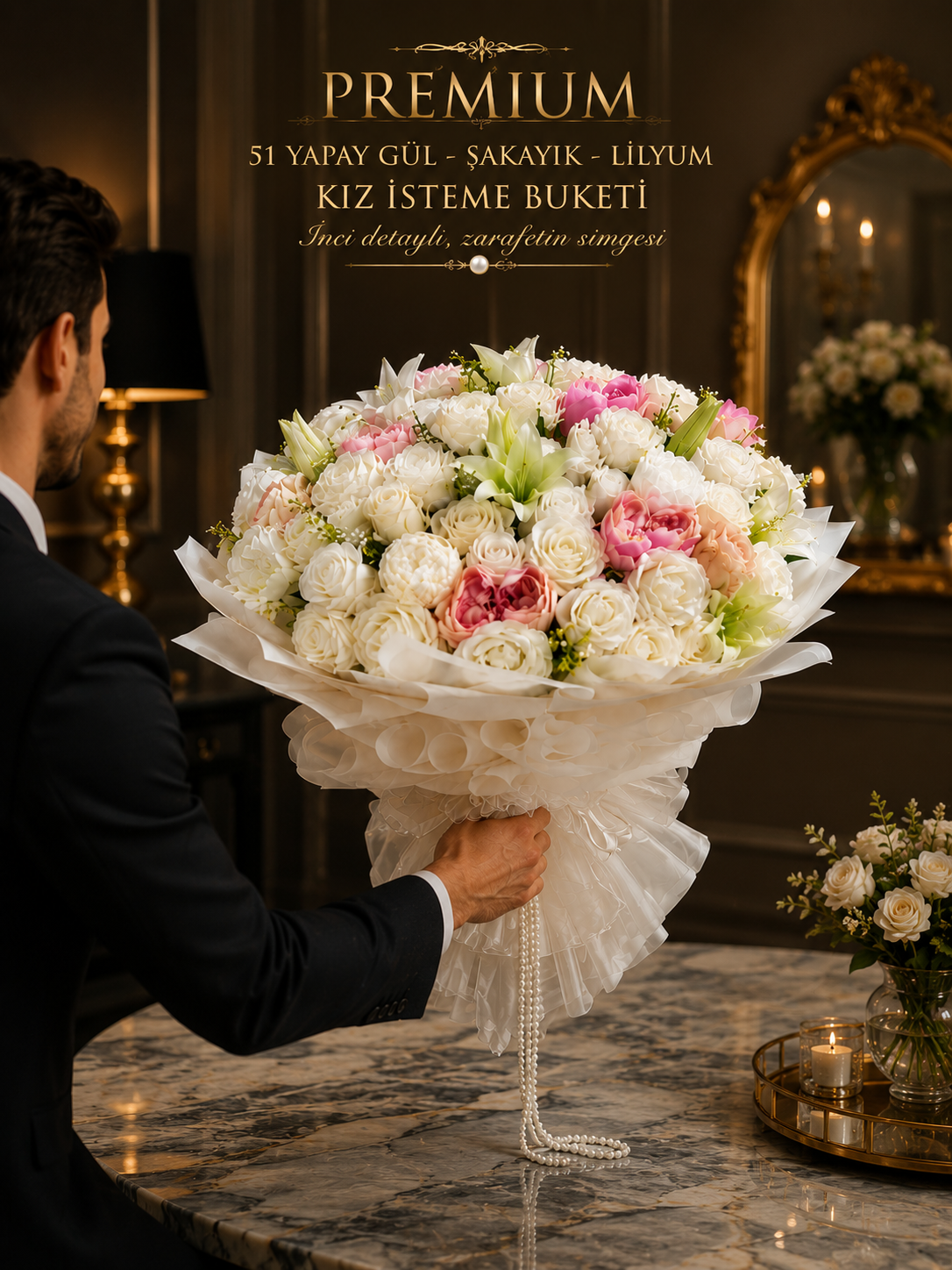 Şakayık ve Lilyum Kız İsteme Buketi – Yapay Premium İsteme Çiçeği | Hanbeyi 41 Gül Buketi