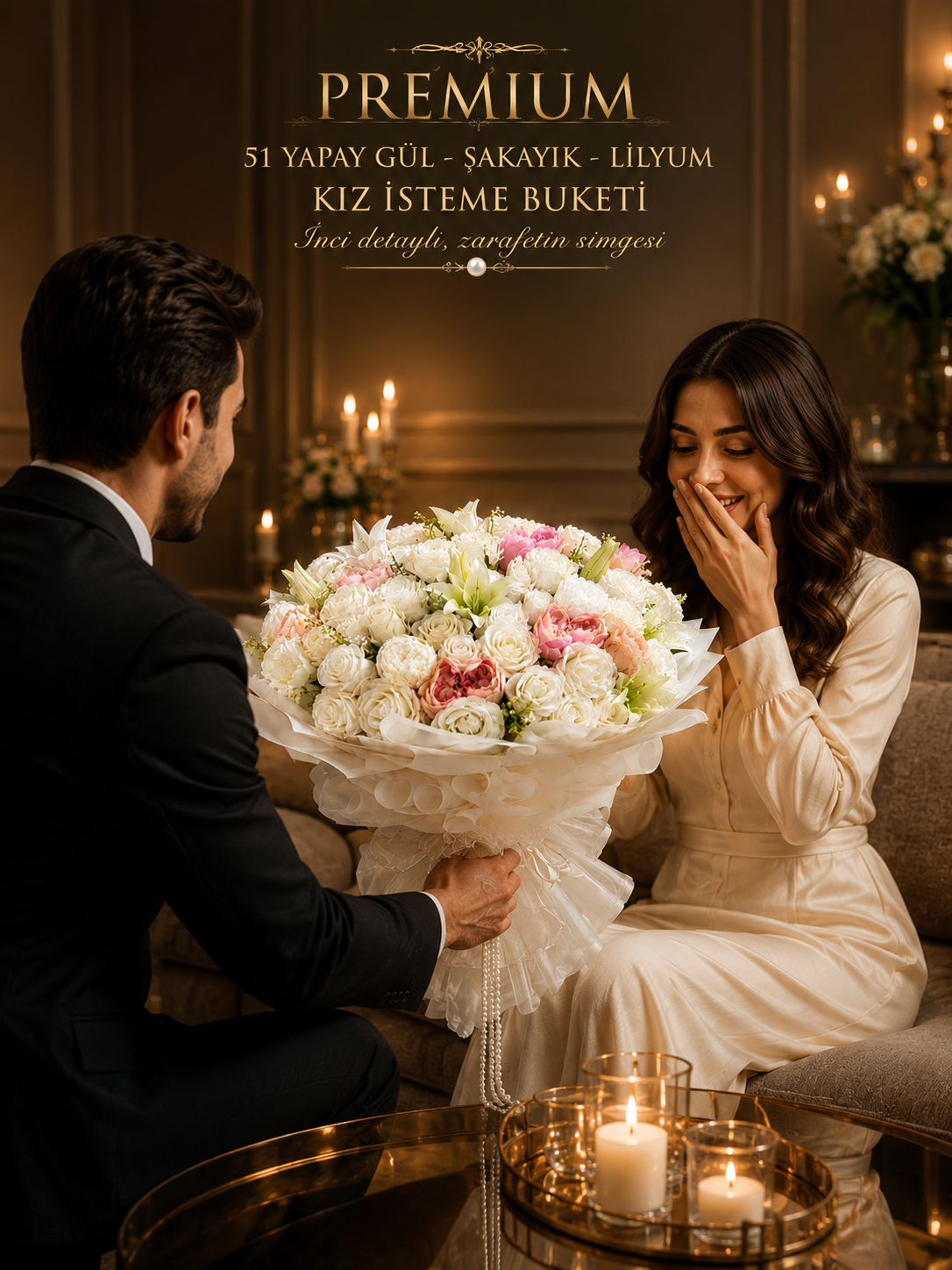 Şakayık ve Lilyum Kız İsteme Buketi – Yapay Premium İsteme Çiçeği | Hanbeyi 41 Gül Buketi